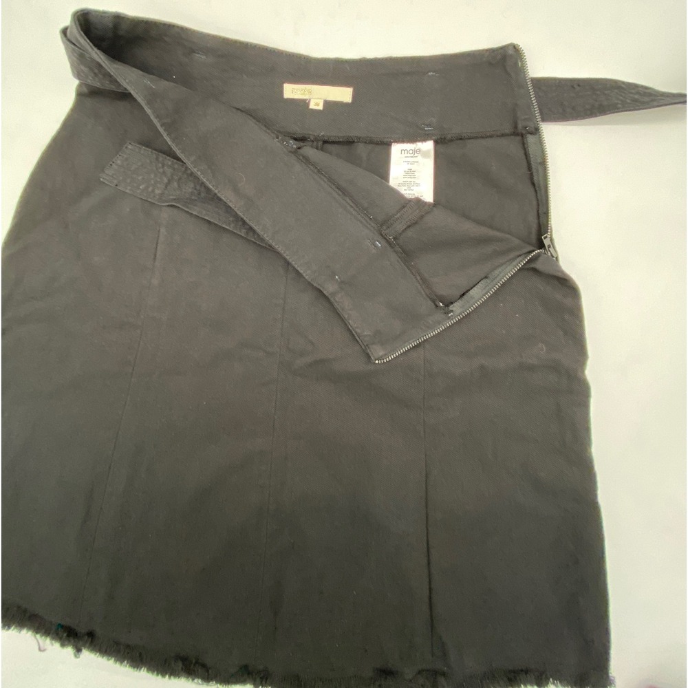 Maje Bella Black Denim A-Line Mini Skirt Belted Raw Hem Size 38 US 6 - Picture 2 of 9